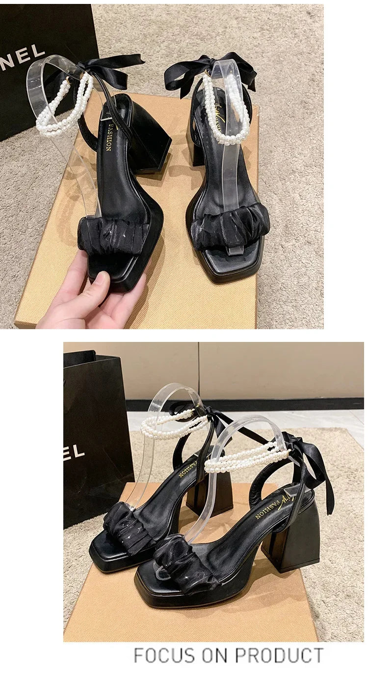 Shoes for Women Pearl Sandals Suit Female Beige Increasing Height Block Heels All-Match Black Bow 2024 Fashion Chunky Sandals