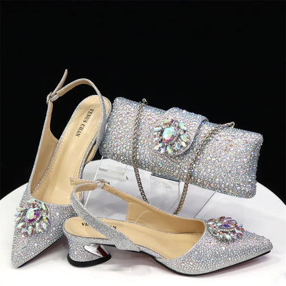 Elegant And Sexy Champagne Color High Heels Shoes And Bag With Rhinestone Embellished Toe Is Comfortable Women's Shoes For Party