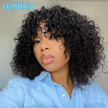 Lekker Colored Short Pixie Afro Kinky Curly Bob 100% Human Hair Wigs With Bangs For Women Brazilian Remy Hair Ombre Brown Wigs