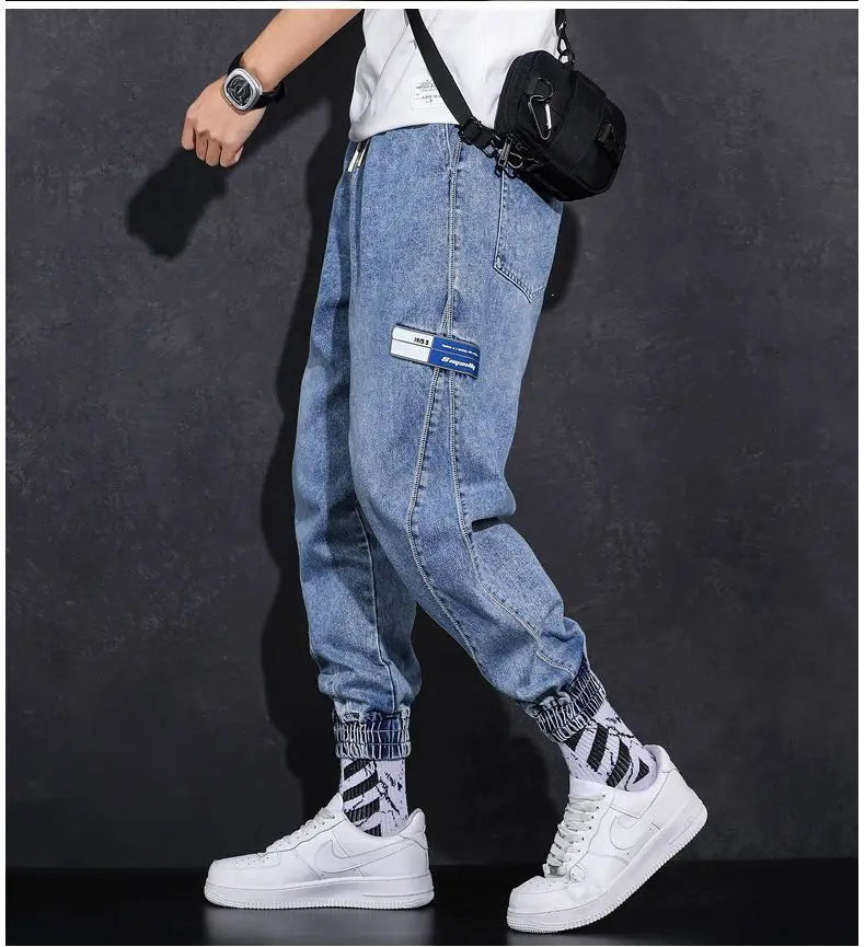 Loose Elastic Waist Denim Jeans for Men 2024 Fashion Casual Spring Workwear Foot-Tied Pants with Brand Workwear Baggy Trousers