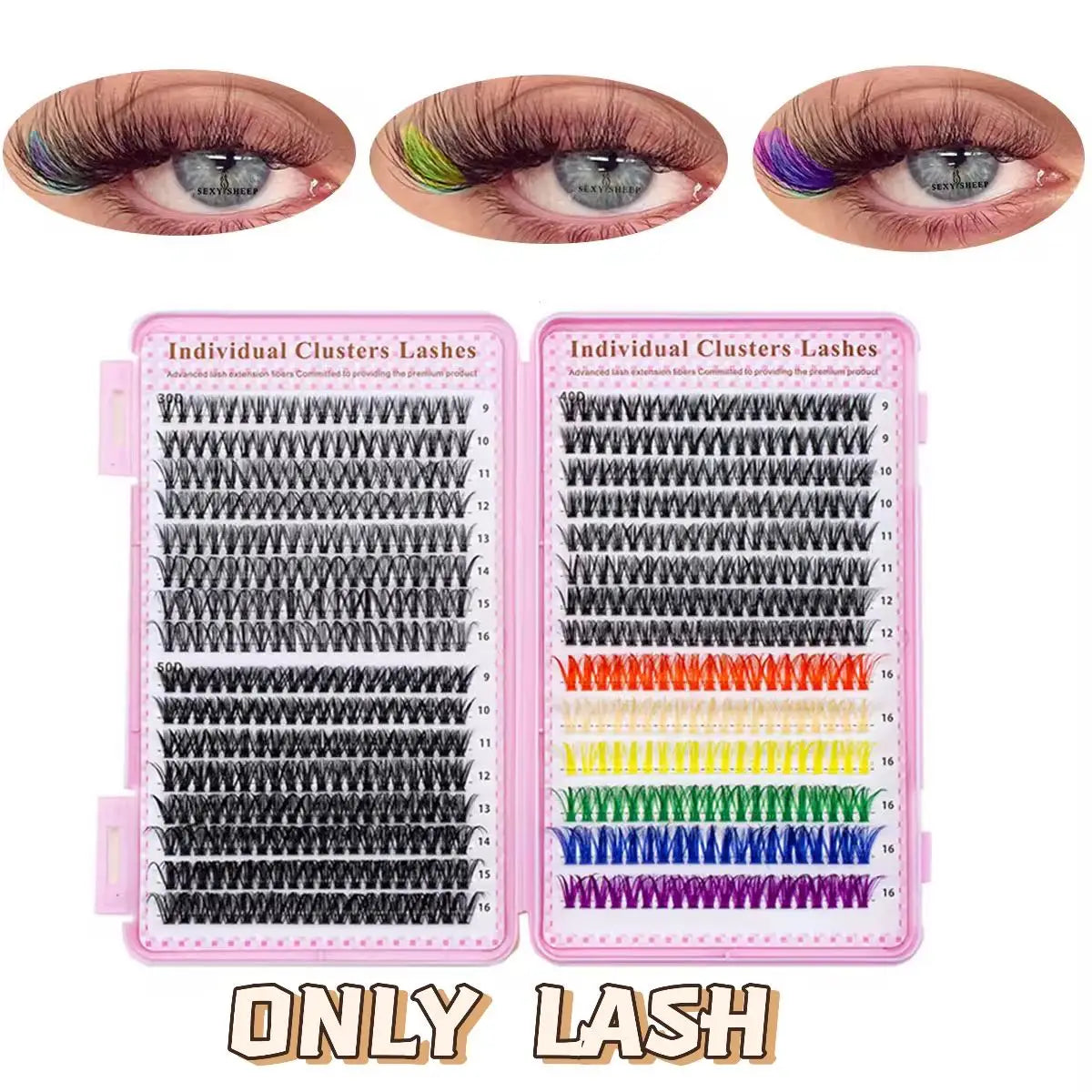 600pcs Colorful Cluster Lashes Eyelash Extension Kit, 9-16mm mix Individual Lash with Bond & Seal, Eyelashes Remover,Tweezers