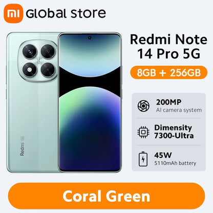 Global Version Redmi Note 14 Pro 5G Smartphone MediaTek Dimensity 7300-Ultra 200MP AI Camera 5110mAh 6.67" AMOLED 45W Charging