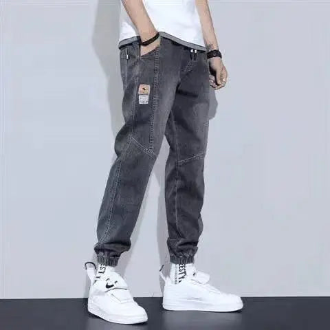 Loose Elastic Waist Denim Jeans for Men 2024 Fashion Casual Spring Workwear Foot-Tied Pants with Brand Workwear Baggy Trousers