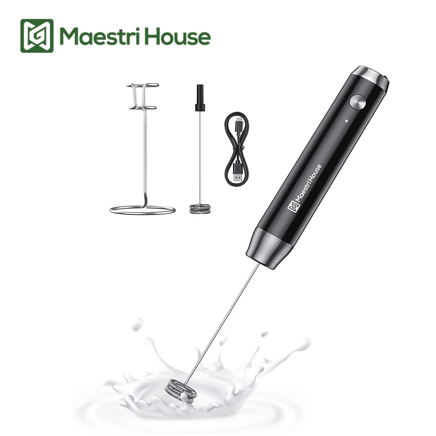 Maestri House Rechargeable Milk Frother with Stand Handheld Electric Foam Maker Waterproof Detachable Stainless Steel Whisk