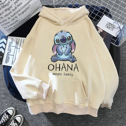 Disney Stitch Hoodies Women Harajuku Pullovers Cute Kawaii Casual Tops O-Neck Angel Print Hooded Sweatshirt Oversized Hoodie