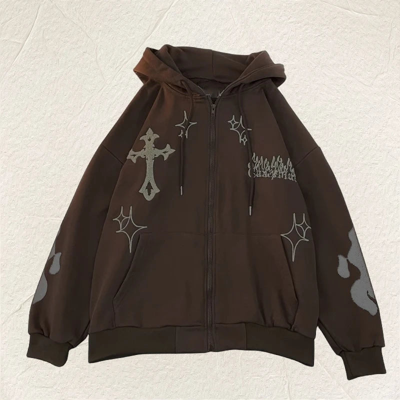 Europe and the United States Autumn and Winter Hoodie Embroidered Cross Fire Jacket Plus Cashmere Lovers Loose Sweater