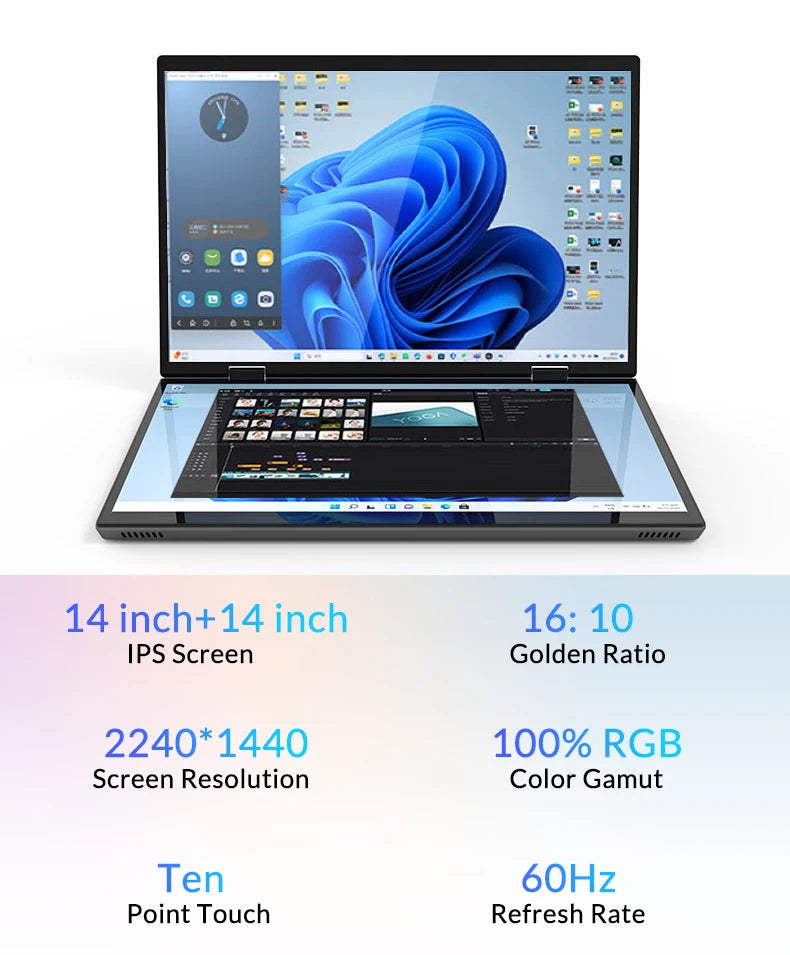 CRELANDER Dual Screen Laptop 14+14 Inch 2K Touch Screen Notebook Intel N95 CPU 360 Degree Flip Metal Case 2 in 1 Laptop Computer