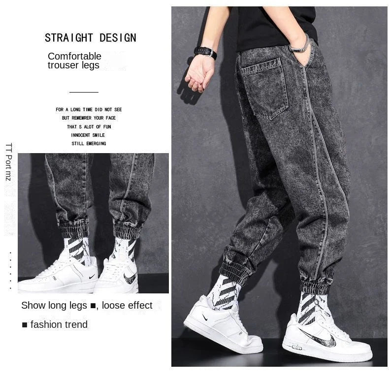 Loose Elastic Waist Denim Jeans for Men 2024 Fashion Casual Spring Workwear Foot-Tied Pants with Brand Workwear Baggy Trousers