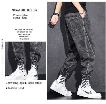 Loose Elastic Waist Denim Jeans for Men 2024 Fashion Casual Spring Workwear Foot-Tied Pants with Brand Workwear Baggy Trousers