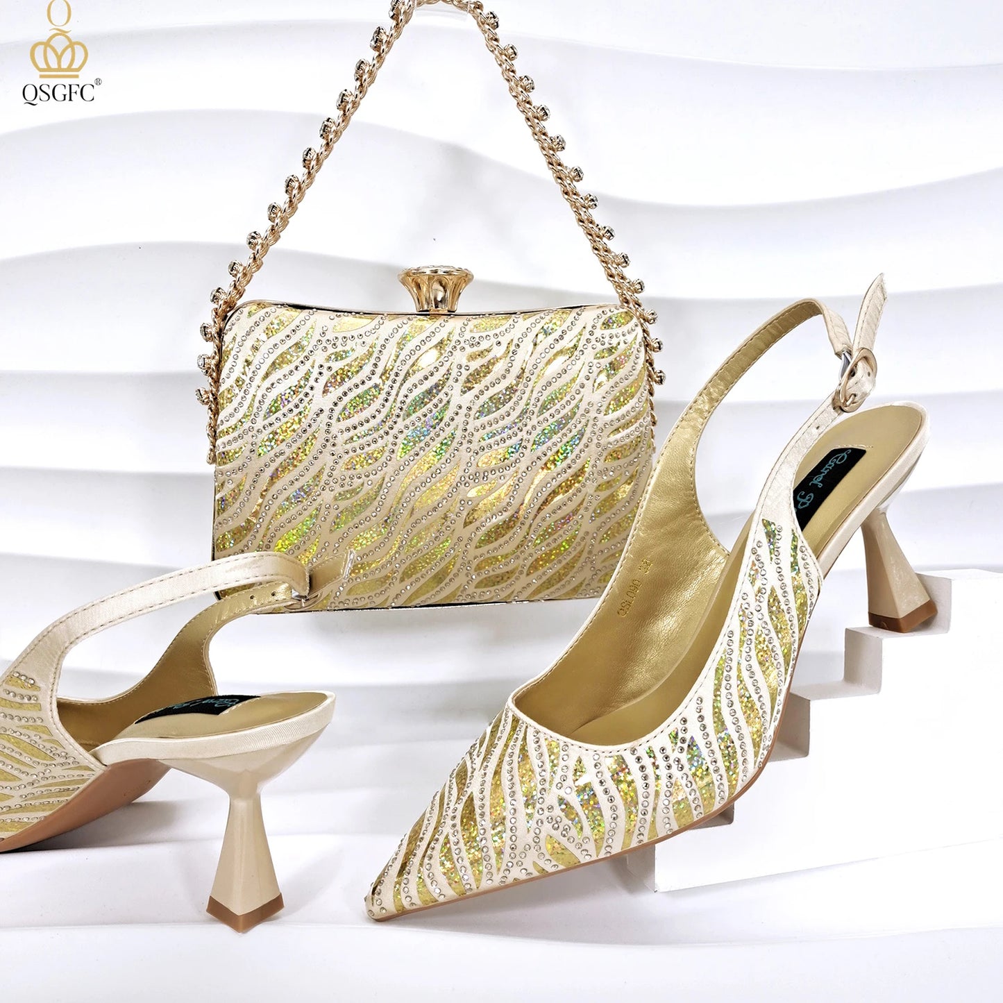 QSGFC Nigerian Style Women Heels Party Shoes and Bags Fashion Stiletto Pointed Toe Shoes and Shiny Clutches