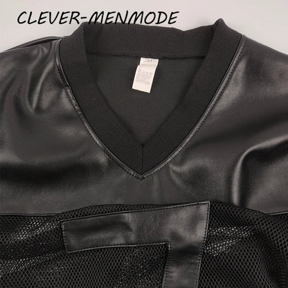 Men's Sexy Faux Leather Fishnet Short Sleeve Cutout PU T Sleeve Breathable V-Neck Short Sleeve Basketball Jersey Sportswear