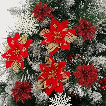 5PC Artificial Flowers Christmas Floral with Clips Xmas Tree Hanging Ornaments Fake Flower for New Year Party Decor Gifts