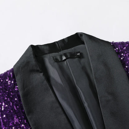 Shiny Purple Sequin Glitter Embellished Tuxedo Suit Jacket Men One Button Shawl Collar Night Club Stage Wedding Costume Homme