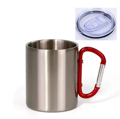 DIY Carabiner Cup with Cap Cover Lid Option 300ML Customized Logo Photo Stainless Steel Mug Hiker Outdoor Camp Travel Portable