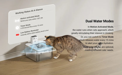 DownyPaws 2.5L Automatic Stainless Steel Cat Water Fountain 4000mAh Wireless Pet Drinker Battery & Sensor 2 in 1 Dispenser