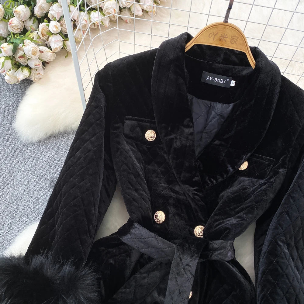 XFPV Women Velvet Feather Lace-up Korean Version Double Breasted Blazer Lapel Long Sleeve Warm Coat Autumn Winter 2025 SM9917