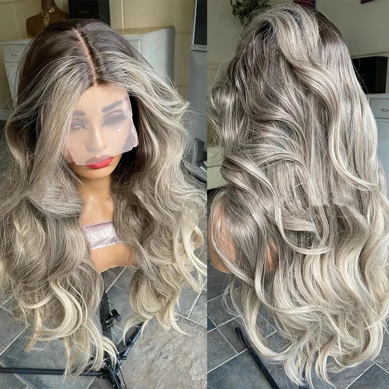 28 Inches Ombre Ash Grey Blonde Body Wave Synthetic Lace Front Wig Free Part Lace Wig With Natural Preplucked Hairline For Women