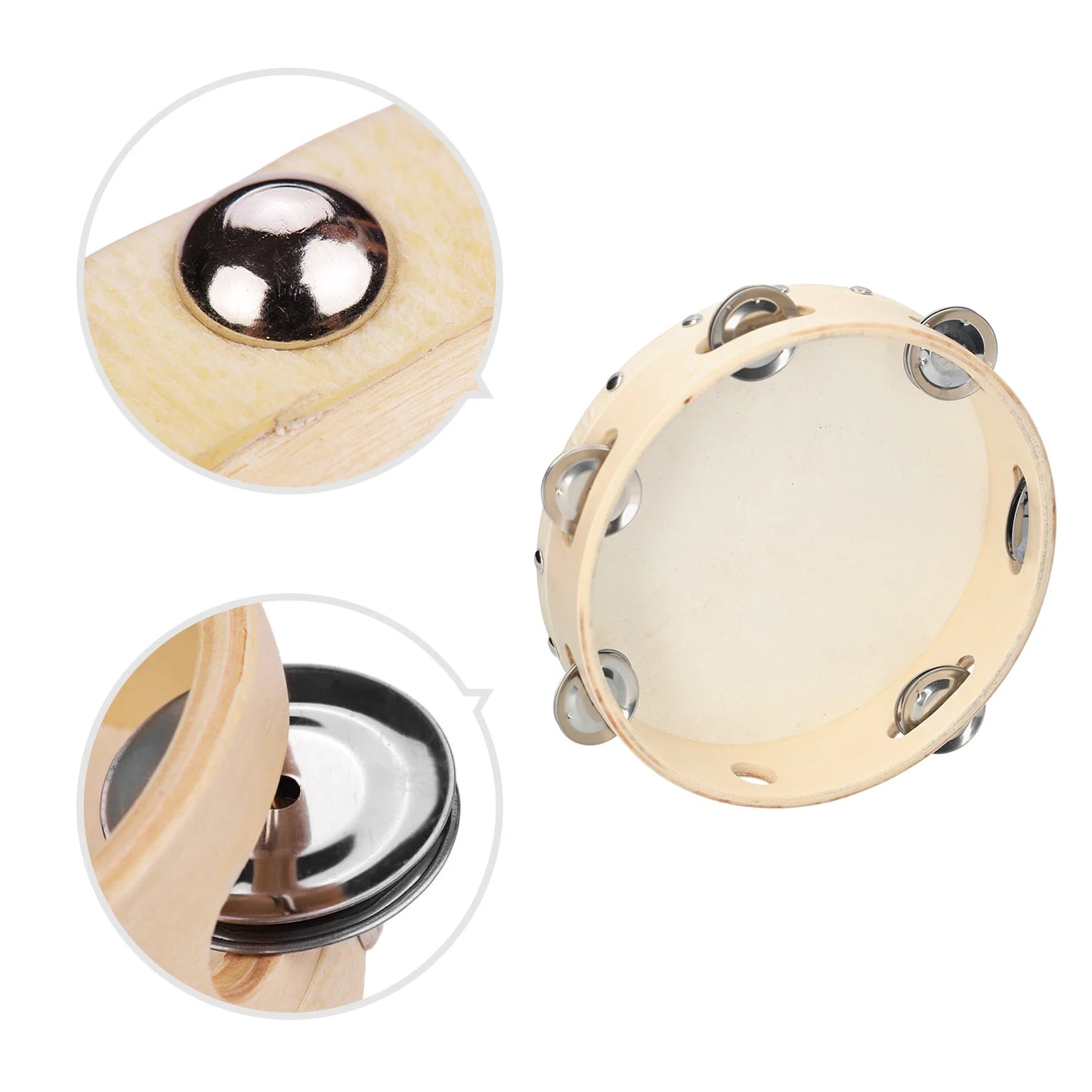 8 Inch Hand Tambourine with Metal Single Row Jingles Sheepskin Drum Skin Wooden Tambourines Entertainment Musical Timbrel