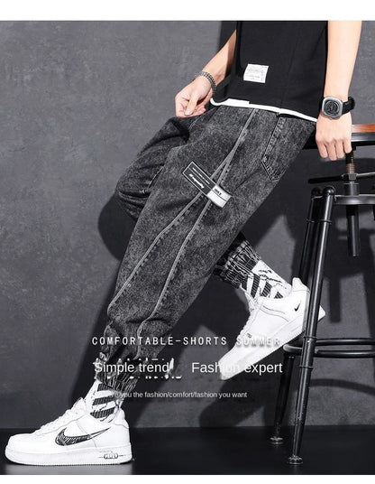 Loose Elastic Waist Denim Jeans for Men 2024 Fashion Casual Spring Workwear Foot-Tied Pants with Brand Workwear Baggy Trousers