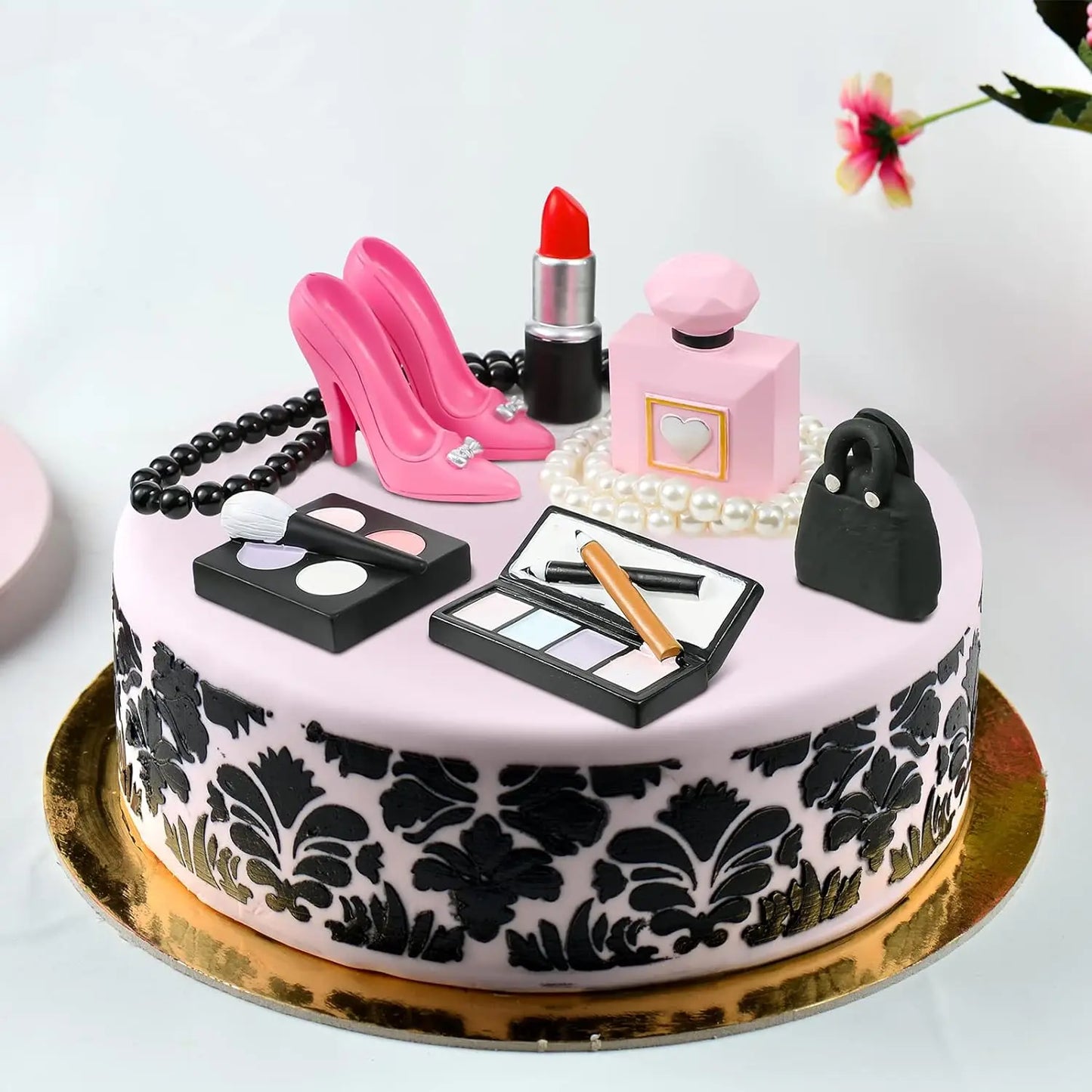 Makeup Cake Topper Lipstick Perfume Bottle Eye Shadow Blush Makeup Cake Decorations for Bridal Shower Women Makeup Themed Party