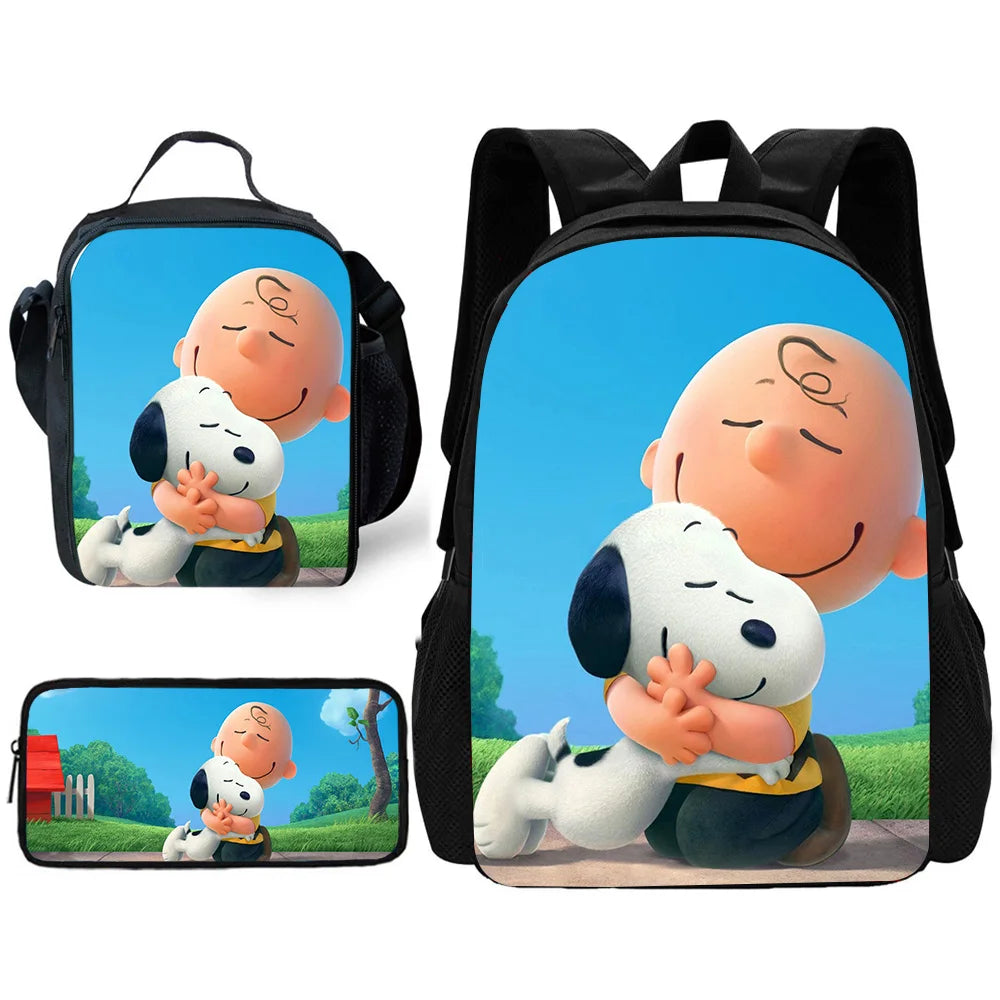 Cartoon Cute S-SnoopyS 3 pcs set Child School Backpack with Lunch Bags ,Pencil Bags ,School Bags for Boys Girls Best Gift