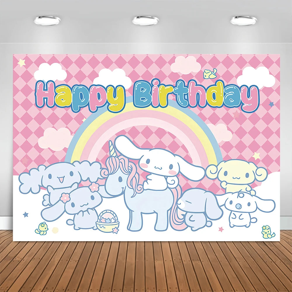 Sanrio Backdrops Banner Rainbow Balloons Cartoon Cinnamoroll Children's Happy Birthday Party Decor Photo Background Booth Props