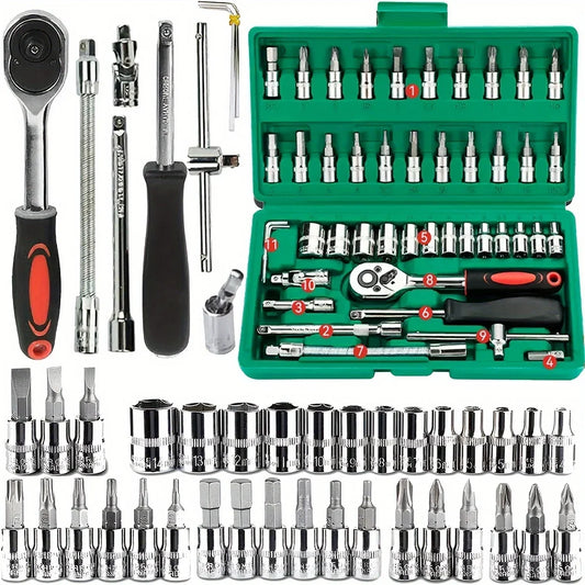 46pc Drive Socket Set 1/4 Inch Ratchet Wrench Set with Sockets Metric Hex Bit Socket Set Mechanic Tool Kits for Auto Repair Hous