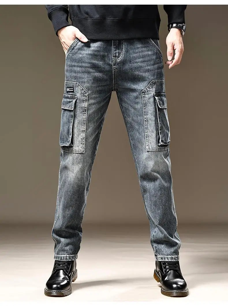 American Fashion High Street Loose Straight Cargo Jeans Men's Solid Patchwork Button Zipper Pockets Versatile Casual Pants 2024