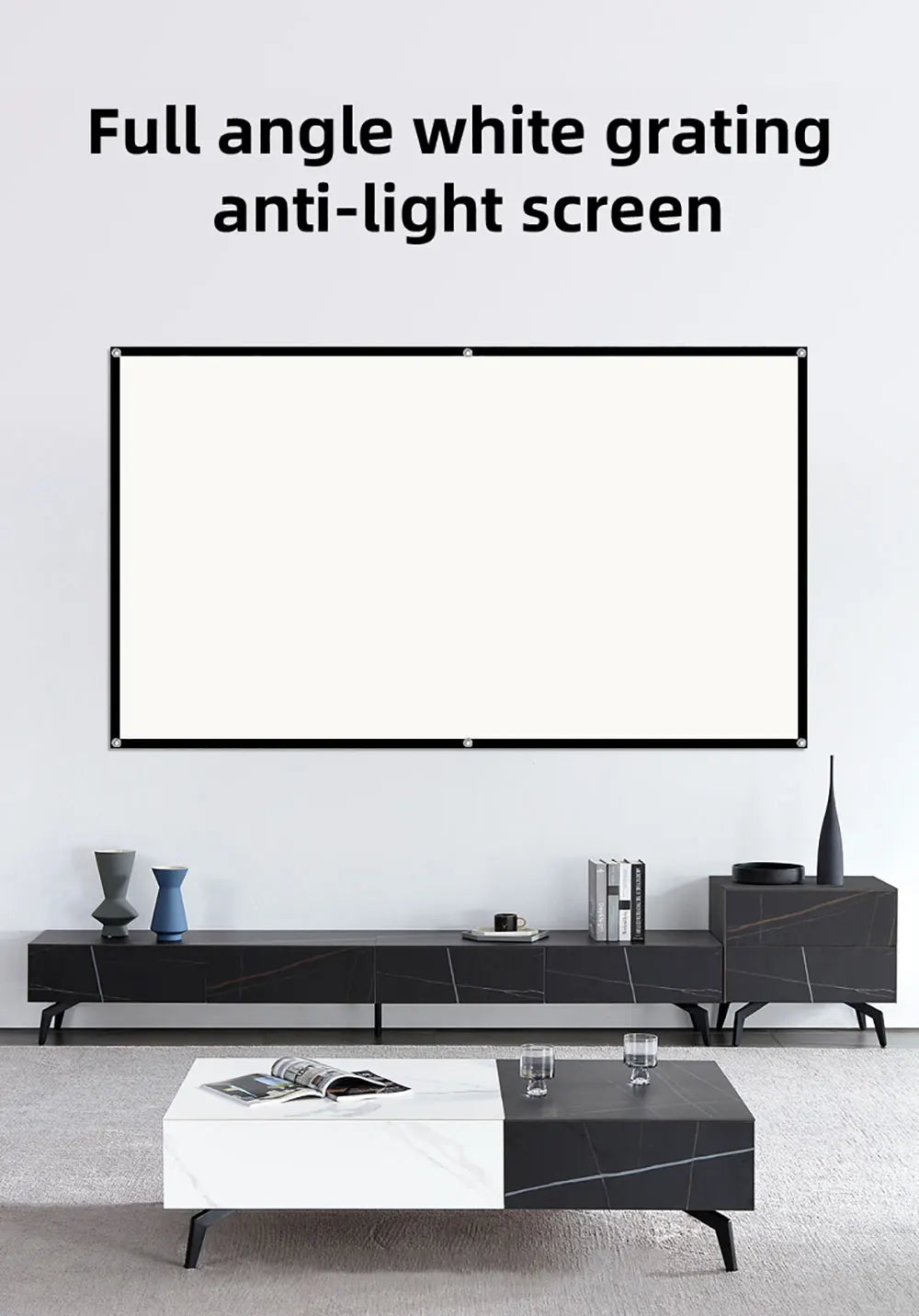 VEIDADZ Projector Screen White Grid Anti-Light 160°Viewing Angle 60 84 100 120 130inch Black Border Metal Hook Reflective Screen