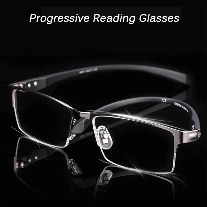 Progressive Multifocal Photochromic Reading Glasses Anti-blue Light Far Sight Glasses Men Half Frame Business Presbyopia Glasses