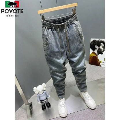 Casual Vintage Men's Fashion Drawstring Jeans with Thickened Fleece and Loose Harem Pants for Autumn and Winter Cargo Trousers