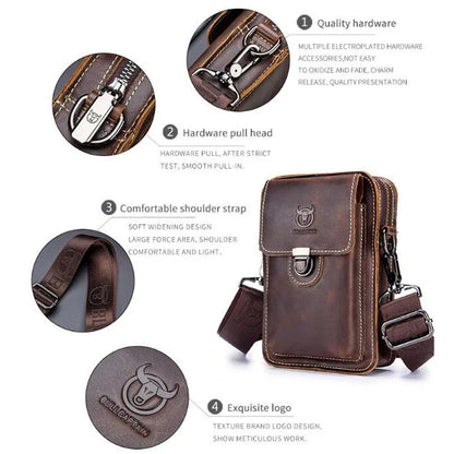 BULLCAPTAIN Crazy horse leather Male Waist Packs Phone Pouch Bags Waist Bag Men's Small chest Shoulder Belt Bag small back pack