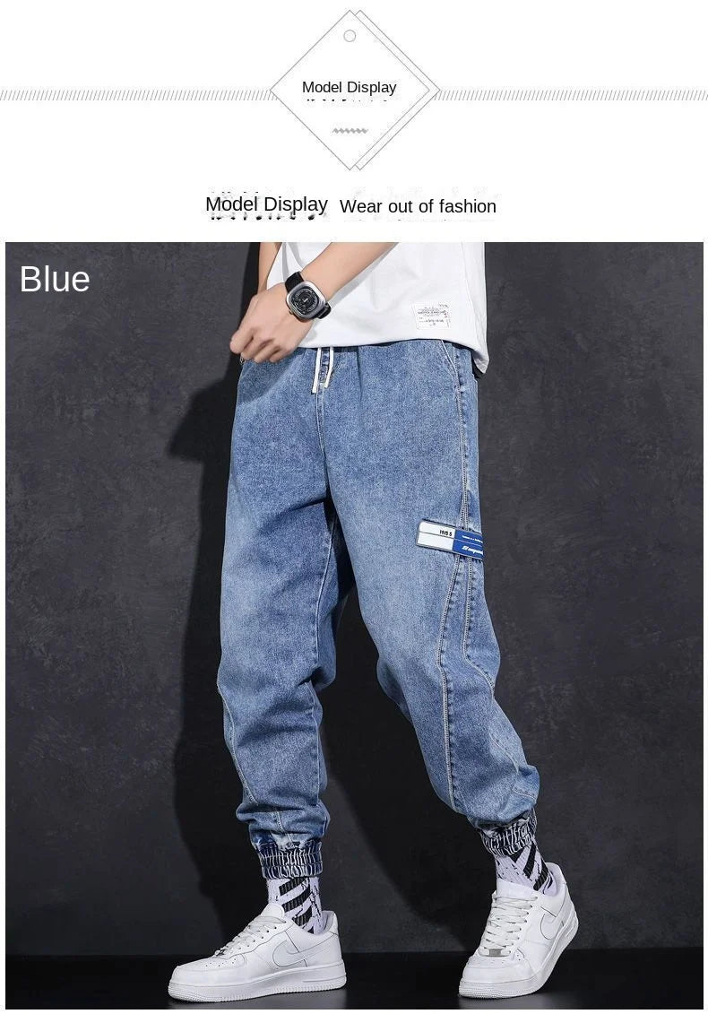 Loose Elastic Waist Denim Jeans for Men 2024 Fashion Casual Spring Workwear Foot-Tied Pants with Brand Workwear Baggy Trousers