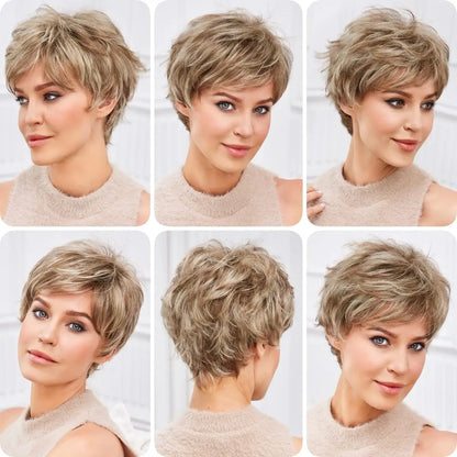 Light Blonde Mixed Off-White Short Pixie Cut Wigs for Women With Bangs Kanekalon Human-hair Like Texture Natural Layered Hair