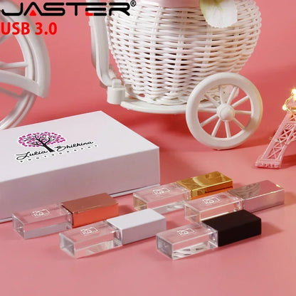 JASTERS usb flash pen drive 3.0 Crystal sticks  print custom logo 4GB 8GB 16GGB 32GB 64GB 128GB transparent glass Gift pendrive