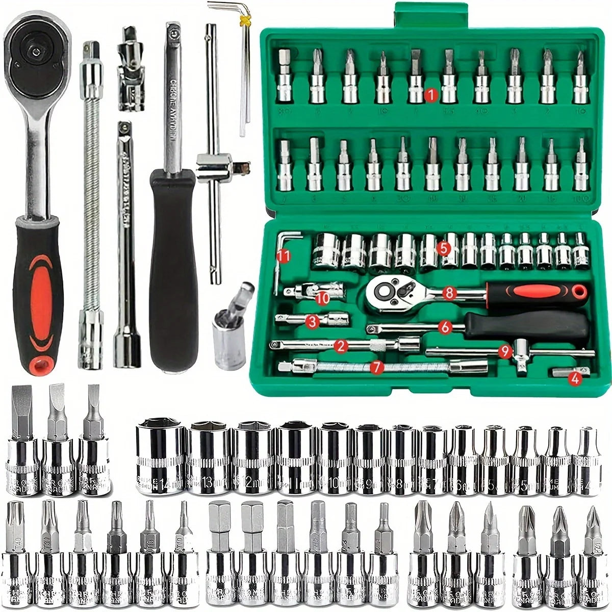 46pc Drive Socket Set 1/4 inch Ratchet Wrench Set with Sockets Metric Hex Bit Socket Set Mechanic Tool Kits for Auto Repair Hous