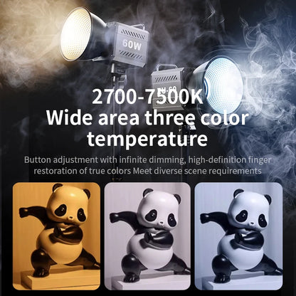 60W COB Video Light CRI≥90 TLCI≥97 Continuous Output Lighting Dual Color Temperature 2700K-6500K Portable Mini Bowens Live Light