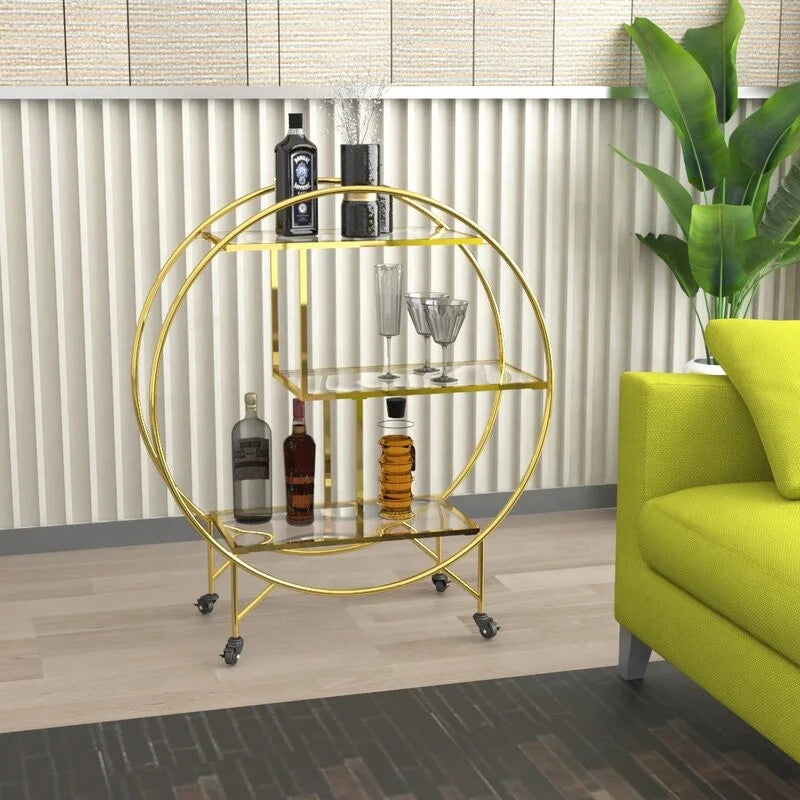 Light Luxury Round Frame With 4 Wheel 3 Tier Gold Metal With Mirror Trolley Bar Cart Hotel Furniture Cart Home Garden Storage