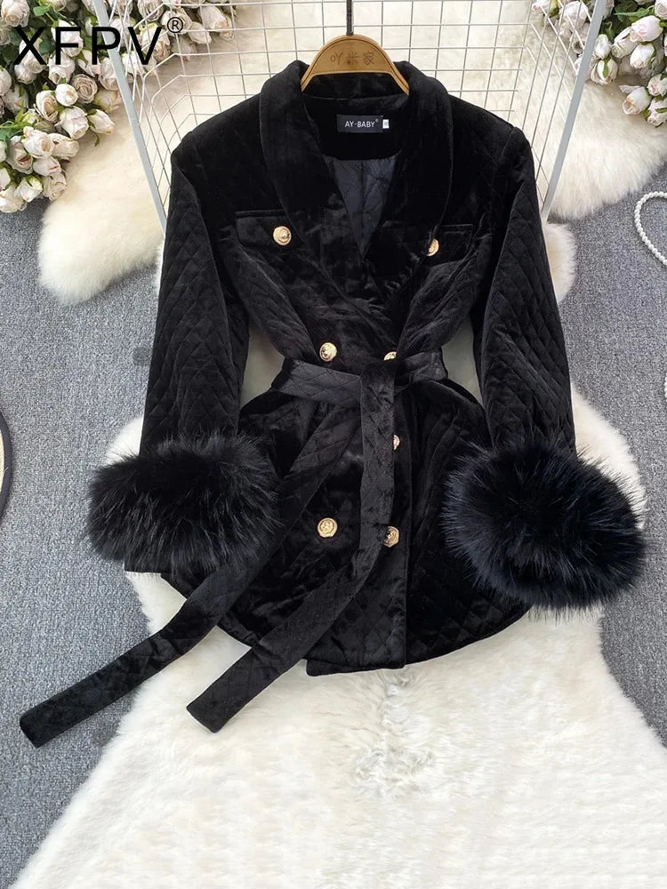 XFPV Women Velvet Feather Lace-up Korean Version Double Breasted Blazer Lapel Long Sleeve Warm Coat Autumn Winter 2025 SM9917