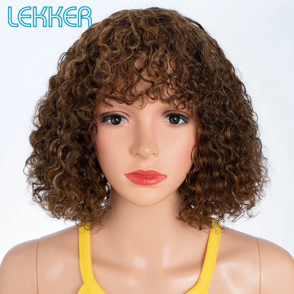 Lekker Colored Short Pixie Afro Kinky Curly Bob 100% Human Hair Wigs With Bangs For Women Brazilian Remy Hair Ombre Brown Wigs