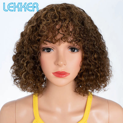 Lekker Colored Short Pixie Afro Kinky Curly Bob 100% Human Hair Wigs With Bangs For Women Brazilian Remy Hair Ombre Brown Wigs