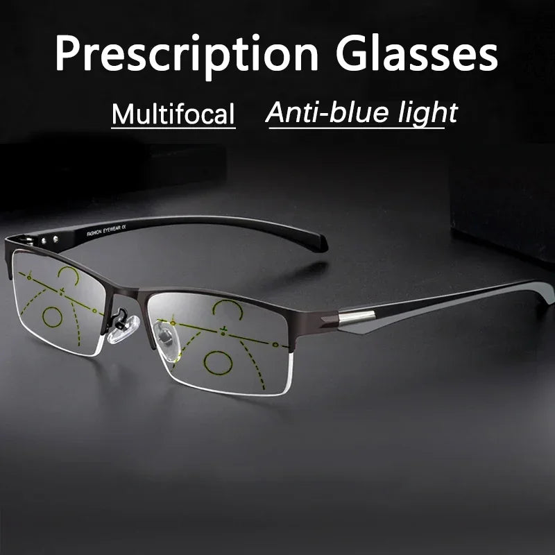 Progressive Multifocal Photochromic Reading Glasses Anti-blue Light Far Sight Glasses Men Half Frame Business Presbyopia Glasses