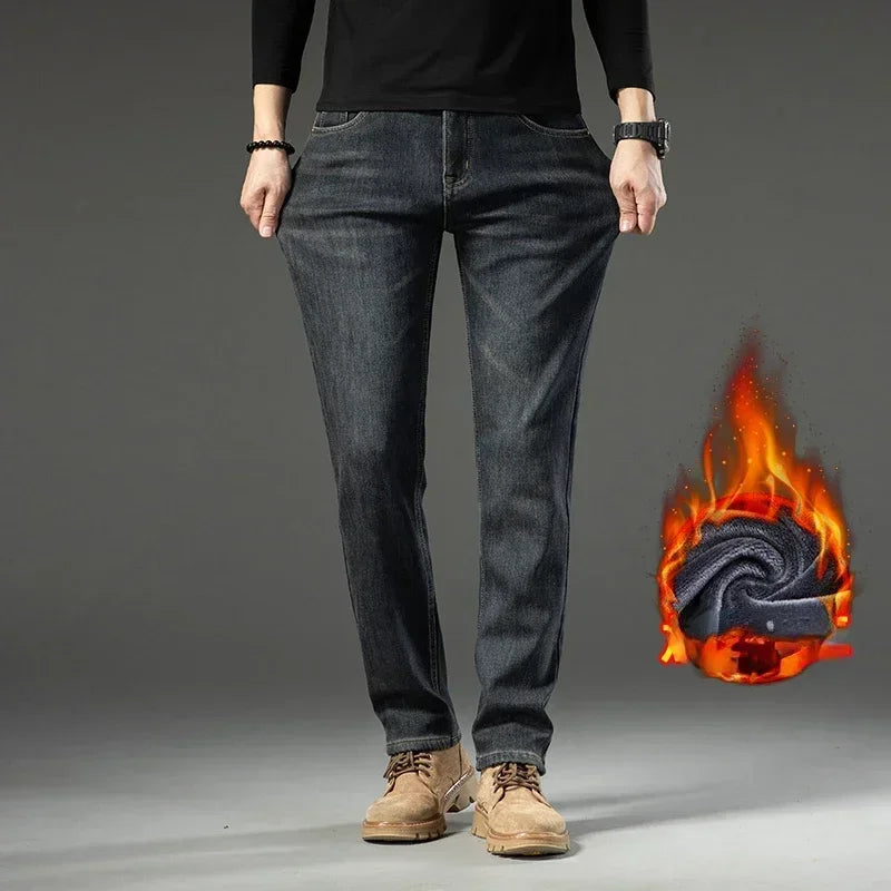 2025 New In Winter Fleece  Warm Jeans Thick Straight  Slim Fit Stretch Fashion Brand Casual Jean Baggy Vintage