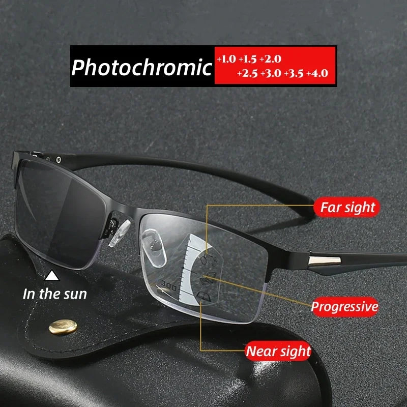 Progressive Multifocal Photochromic Reading Glasses Anti-blue Light Far Sight Glasses Men Half Frame Business Presbyopia Glasses