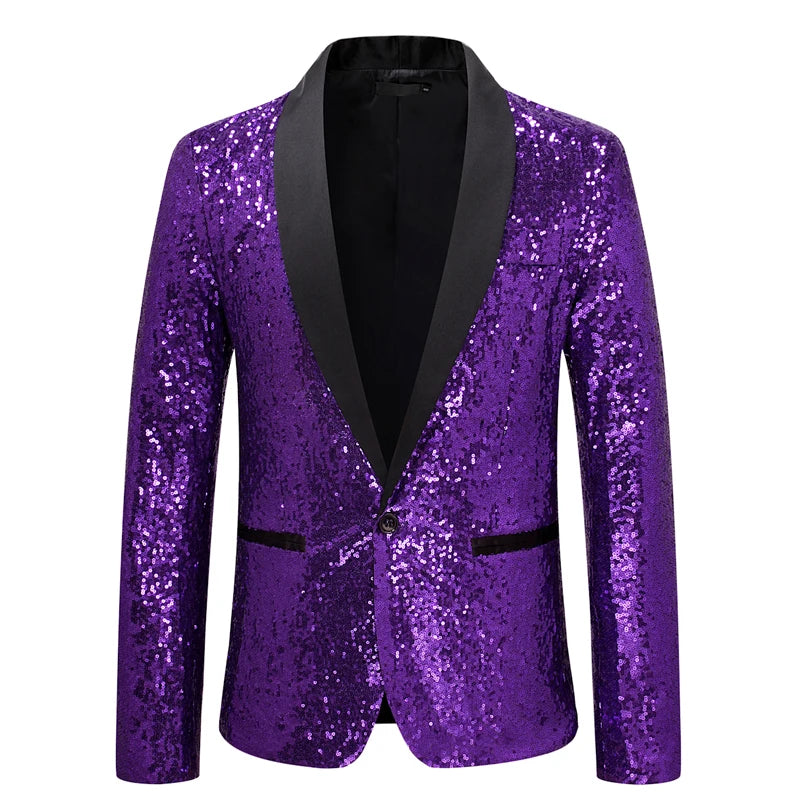 Shiny Purple Sequin Glitter Embellished Tuxedo Suit Jacket Men One Button Shawl Collar Night Club Stage Wedding Costume Homme