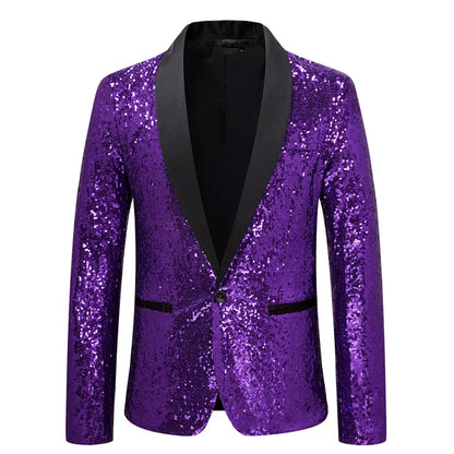 Shiny Purple Sequin Glitter Embellished Tuxedo Suit Jacket Men One Button Shawl Collar Night Club Stage Wedding Costume Homme