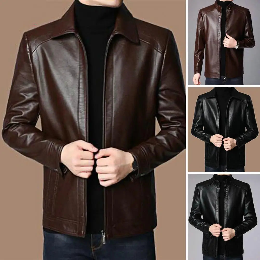 Men Jacket Faux Leather Solid Color Stand Collar Coat Smooth Zipper Neck Windproof Outerwear For Autumn Winter