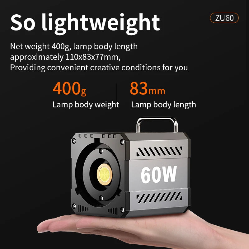 60W COB Video Light CRI≥90 TLCI≥97 Continuous Output Lighting Dual Color Temperature 2700K-6500K Portable Mini Bowens Live Light