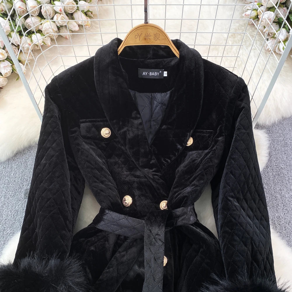 XFPV Women Velvet Feather Lace-up Korean Version Double Breasted Blazer Lapel Long Sleeve Warm Coat Autumn Winter 2025 SM9917