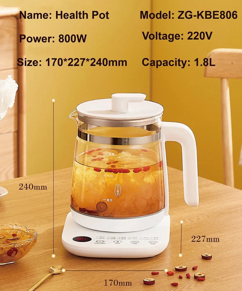 1.8L Health Pot Household Thickened Glass Multi-function Tea Maker Flower Tea Black Tea Appointment Insulation Mini Kettle 220V